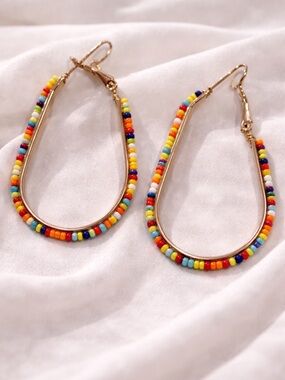 Gold Teardrop Hoop Earrings with Multicolor Seed Beads NEW